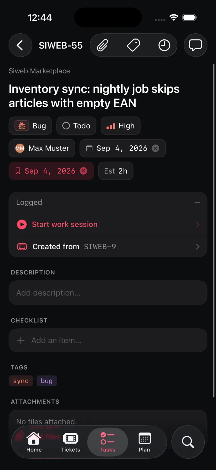 Trackr iOS task detail for SIWEB-55 with type Bug, status Todo, priority High, assignee, due date, estimate and a Start work session button