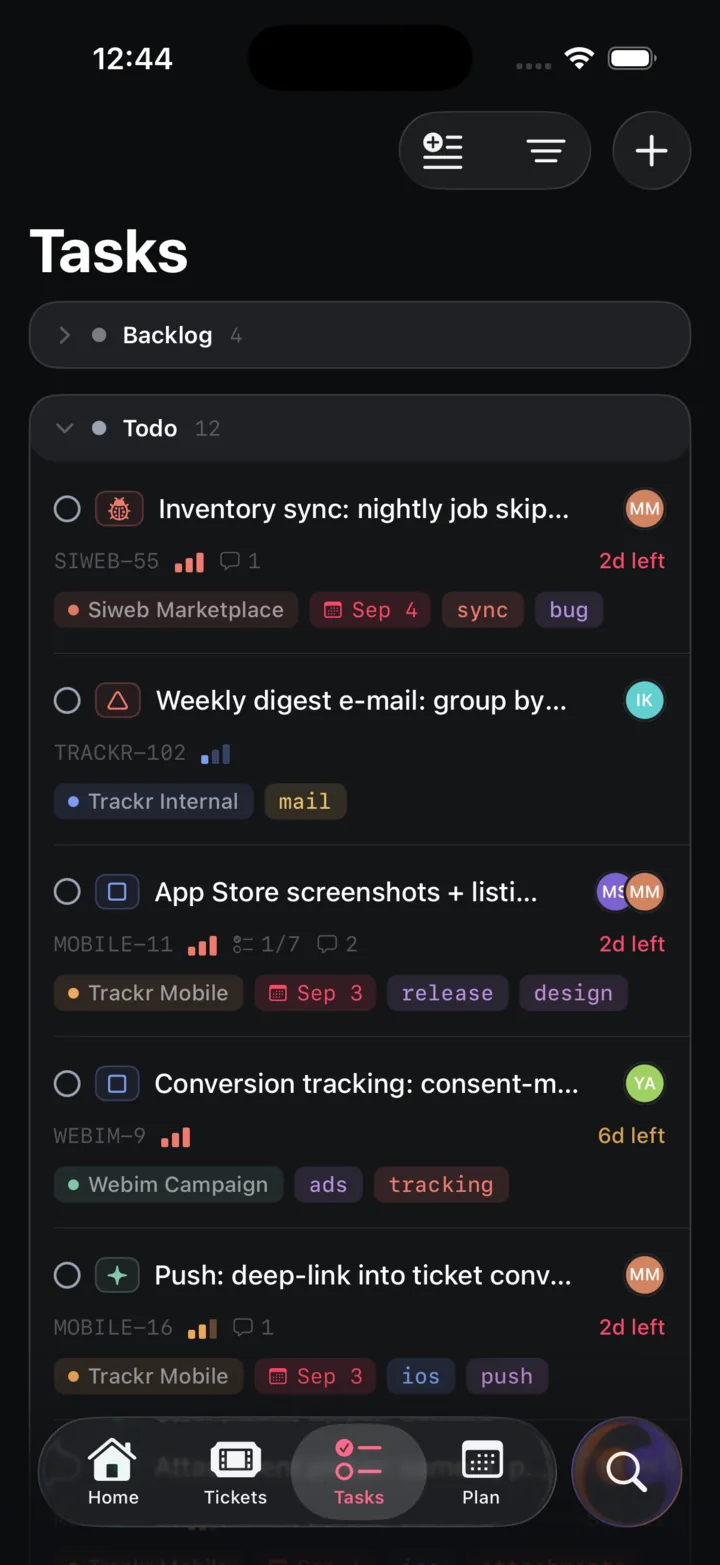 Trackr iOS task list grouped into Backlog and Todo, each task showing priority bars, project, due date and tags